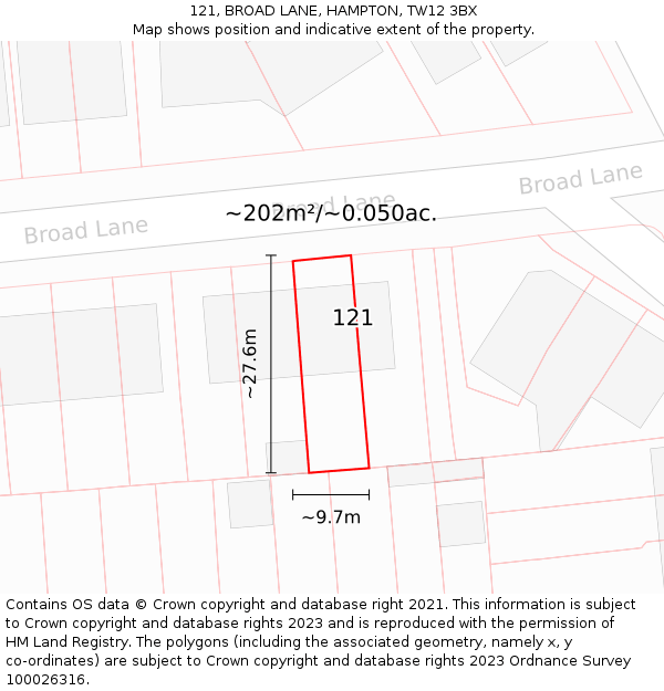 121, BROAD LANE, HAMPTON, TW12 3BX: Plot and title map