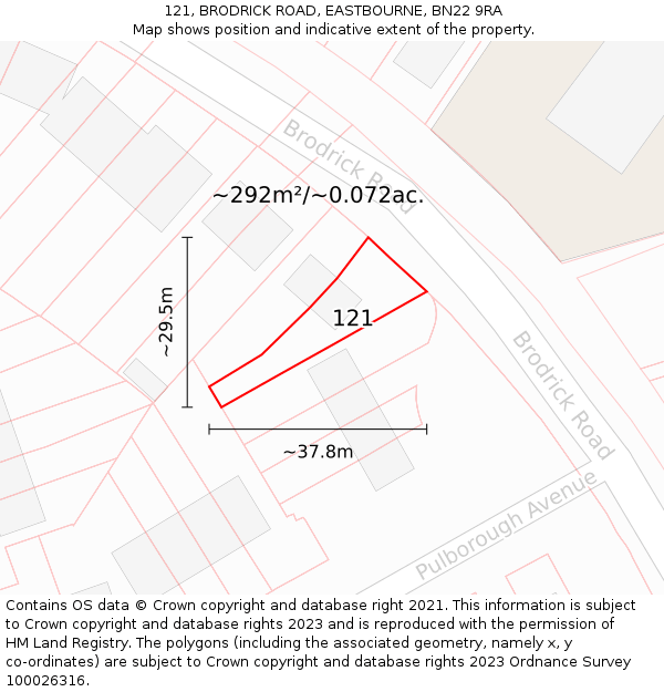 121, BRODRICK ROAD, EASTBOURNE, BN22 9RA: Plot and title map
