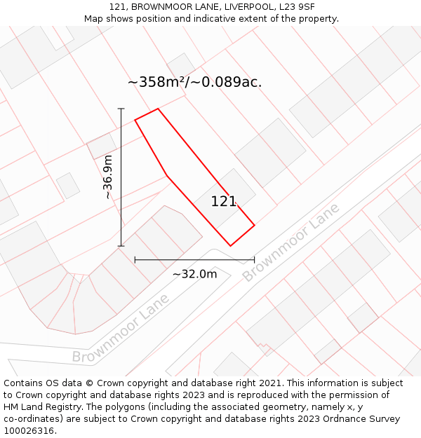 121, BROWNMOOR LANE, LIVERPOOL, L23 9SF: Plot and title map