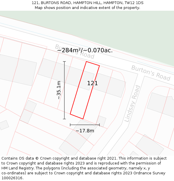121, BURTONS ROAD, HAMPTON HILL, HAMPTON, TW12 1DS: Plot and title map