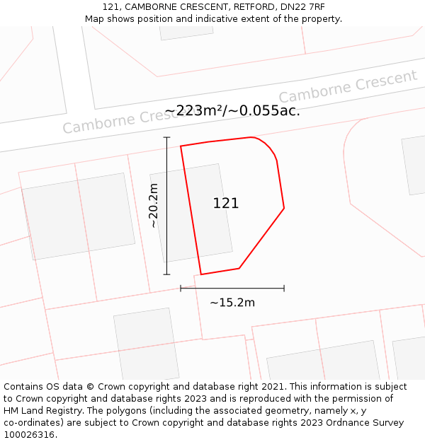 121, CAMBORNE CRESCENT, RETFORD, DN22 7RF: Plot and title map