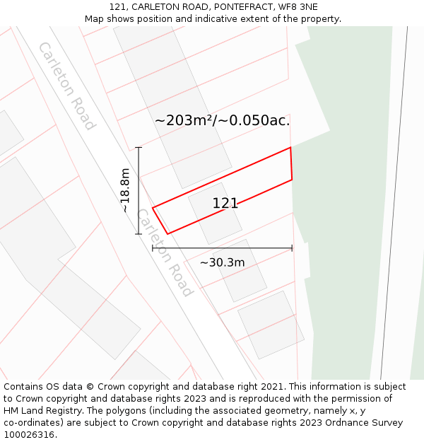 121, CARLETON ROAD, PONTEFRACT, WF8 3NE: Plot and title map