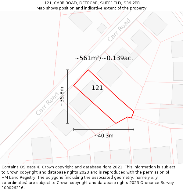 121, CARR ROAD, DEEPCAR, SHEFFIELD, S36 2PR: Plot and title map