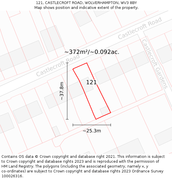 121, CASTLECROFT ROAD, WOLVERHAMPTON, WV3 8BY: Plot and title map