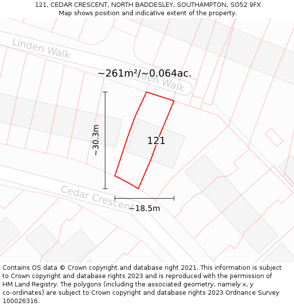 121, CEDAR CRESCENT, NORTH BADDESLEY, SOUTHAMPTON, SO52 9FX: Plot and title map