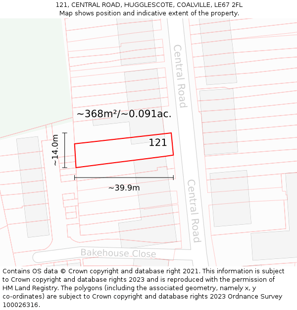 121, CENTRAL ROAD, HUGGLESCOTE, COALVILLE, LE67 2FL: Plot and title map