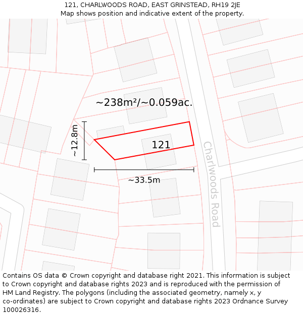 121, CHARLWOODS ROAD, EAST GRINSTEAD, RH19 2JE: Plot and title map
