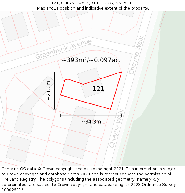 121, CHEYNE WALK, KETTERING, NN15 7EE: Plot and title map