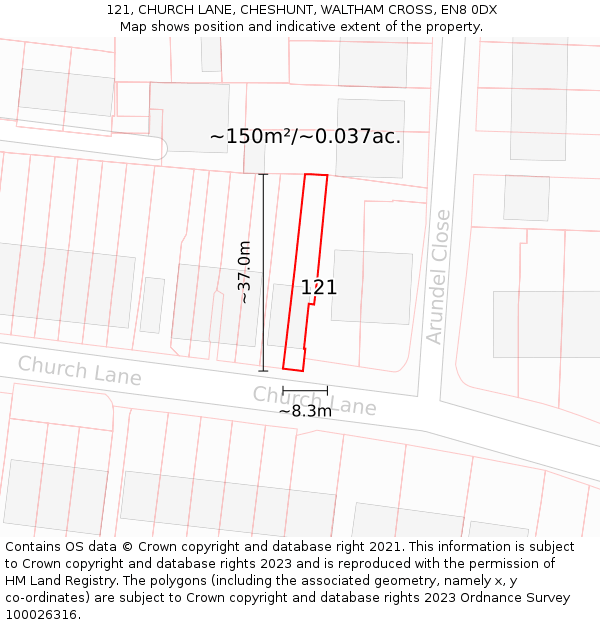 121, CHURCH LANE, CHESHUNT, WALTHAM CROSS, EN8 0DX: Plot and title map