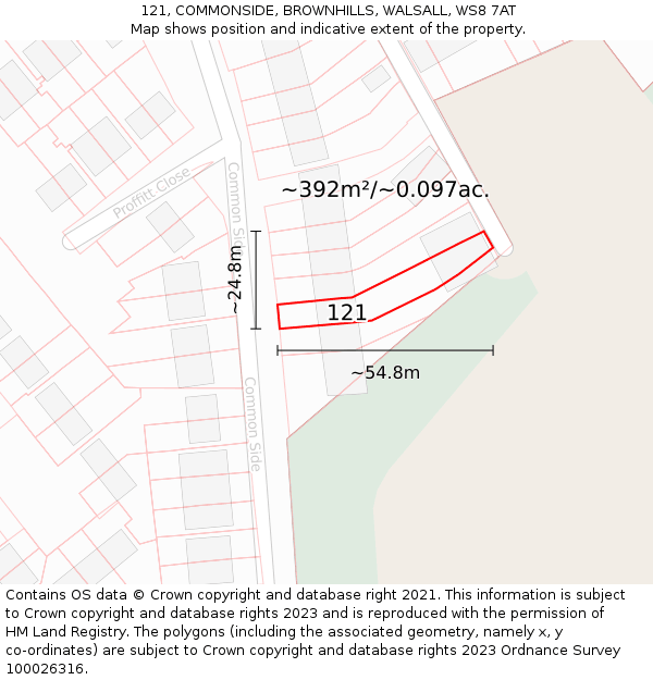 121, COMMONSIDE, BROWNHILLS, WALSALL, WS8 7AT: Plot and title map