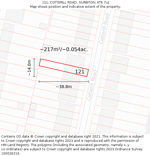 121, COTTERILL ROAD, SURBITON, KT6 7UJ: Plot and title map