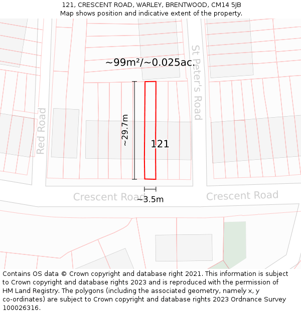 121, CRESCENT ROAD, WARLEY, BRENTWOOD, CM14 5JB: Plot and title map