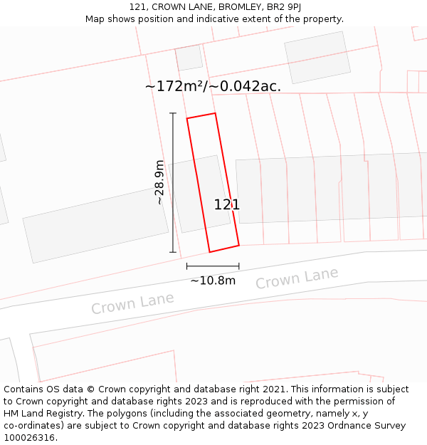 121, CROWN LANE, BROMLEY, BR2 9PJ: Plot and title map