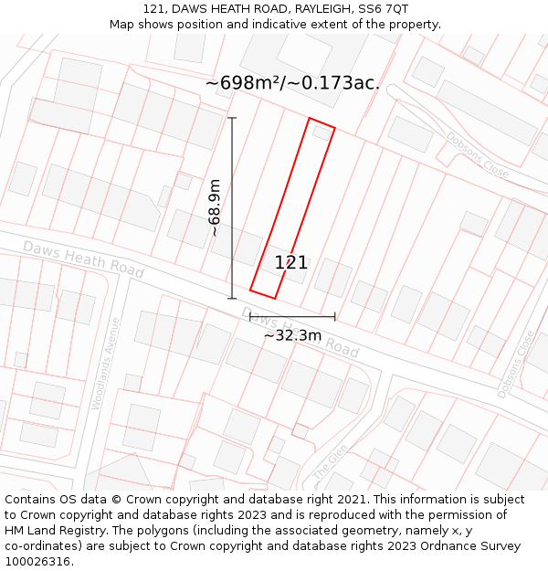 121, DAWS HEATH ROAD, RAYLEIGH, SS6 7QT: Plot and title map