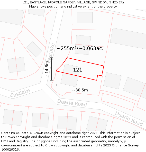 121, EASTLAKE, TADPOLE GARDEN VILLAGE, SWINDON, SN25 2RY: Plot and title map