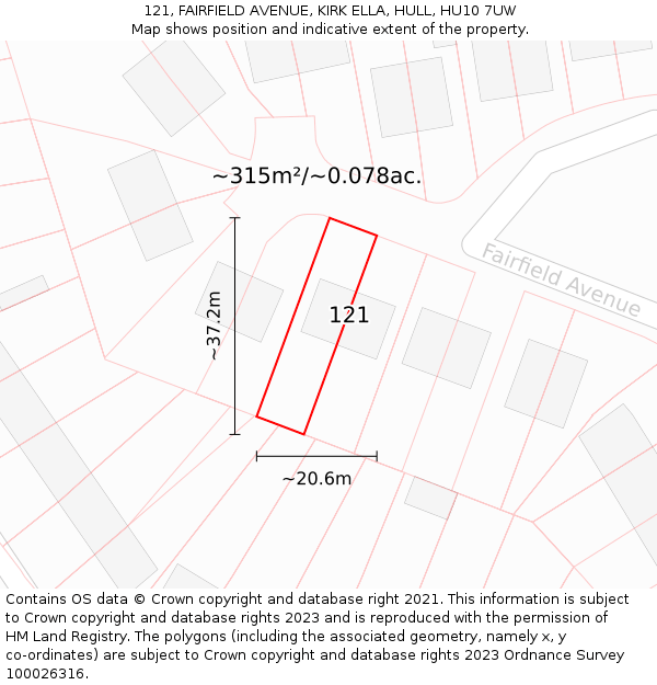121, FAIRFIELD AVENUE, KIRK ELLA, HULL, HU10 7UW: Plot and title map