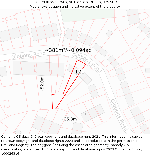121, GIBBONS ROAD, SUTTON COLDFIELD, B75 5HD: Plot and title map