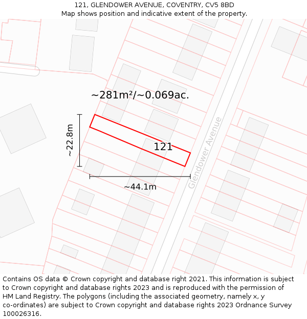 121, GLENDOWER AVENUE, COVENTRY, CV5 8BD: Plot and title map