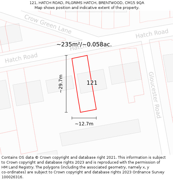 121, HATCH ROAD, PILGRIMS HATCH, BRENTWOOD, CM15 9QA: Plot and title map