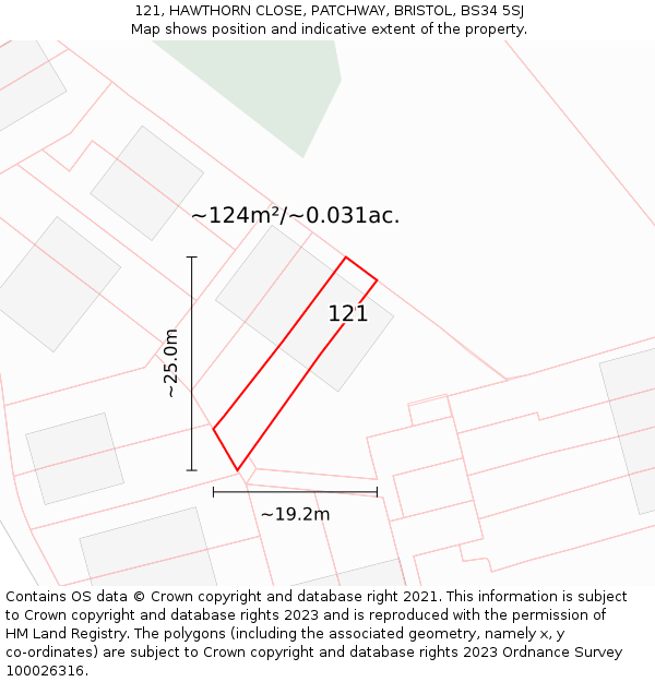 121, HAWTHORN CLOSE, PATCHWAY, BRISTOL, BS34 5SJ: Plot and title map