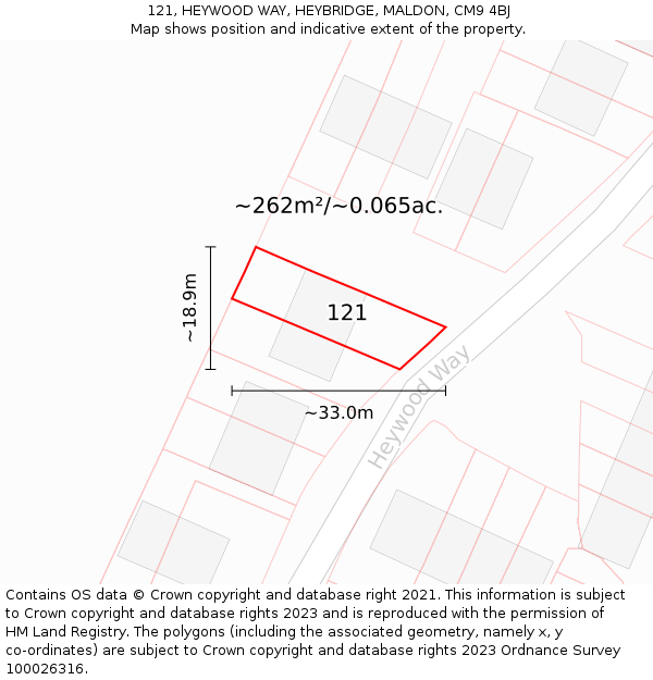 121, HEYWOOD WAY, HEYBRIDGE, MALDON, CM9 4BJ: Plot and title map