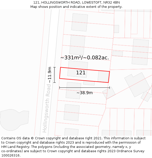 121, HOLLINGSWORTH ROAD, LOWESTOFT, NR32 4BN: Plot and title map