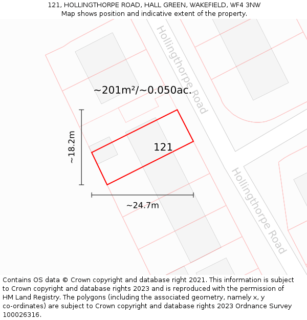 121, HOLLINGTHORPE ROAD, HALL GREEN, WAKEFIELD, WF4 3NW: Plot and title map
