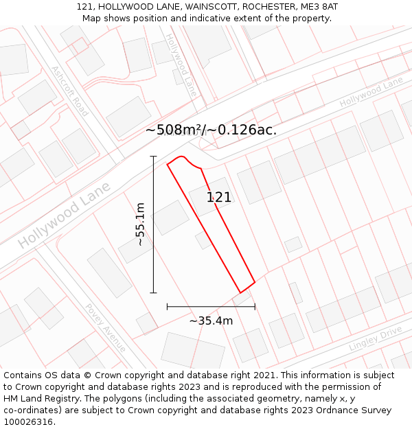 121, HOLLYWOOD LANE, WAINSCOTT, ROCHESTER, ME3 8AT: Plot and title map