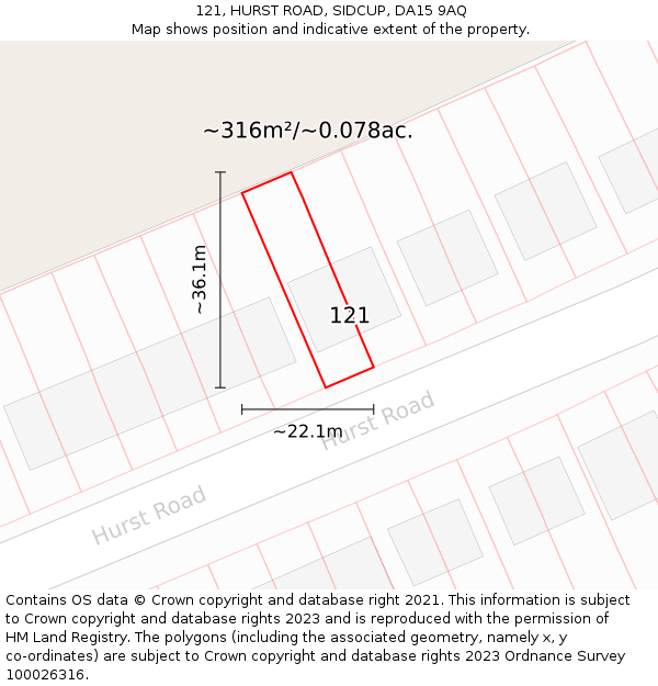 121, HURST ROAD, SIDCUP, DA15 9AQ: Plot and title map