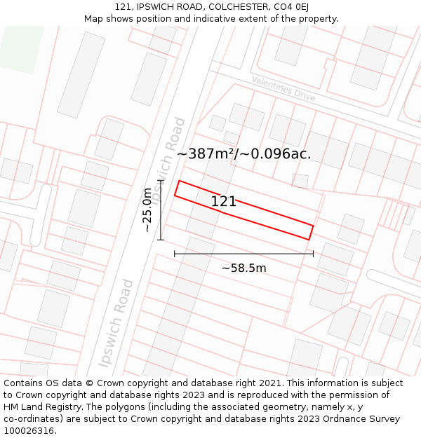 121, IPSWICH ROAD, COLCHESTER, CO4 0EJ: Plot and title map