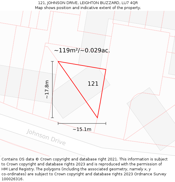 121, JOHNSON DRIVE, LEIGHTON BUZZARD, LU7 4QR: Plot and title map