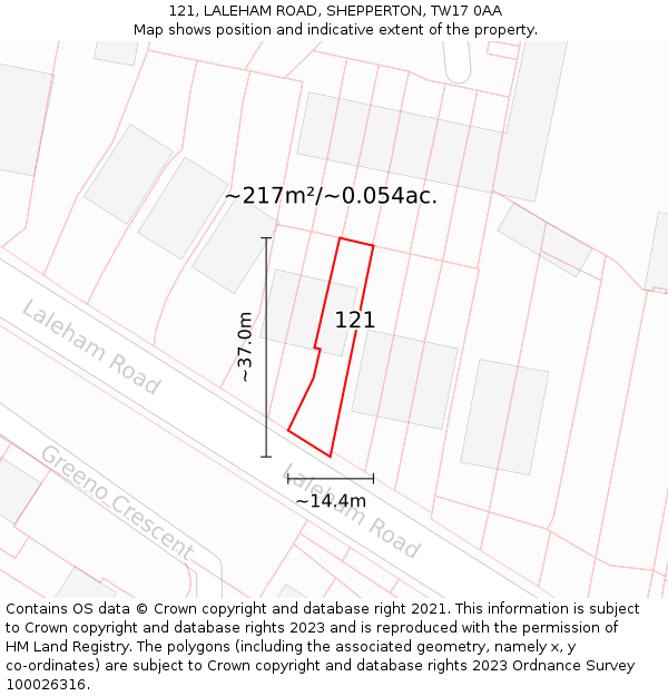121, LALEHAM ROAD, SHEPPERTON, TW17 0AA: Plot and title map