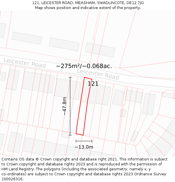 121, LEICESTER ROAD, MEASHAM, SWADLINCOTE, DE12 7JG: Plot and title map