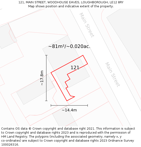 121, MAIN STREET, WOODHOUSE EAVES, LOUGHBOROUGH, LE12 8RY: Plot and title map