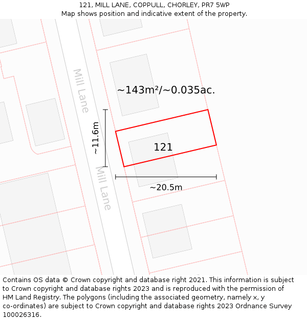 121, MILL LANE, COPPULL, CHORLEY, PR7 5WP: Plot and title map