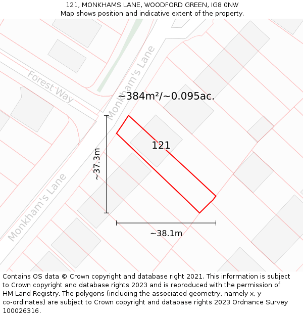 121, MONKHAMS LANE, WOODFORD GREEN, IG8 0NW: Plot and title map