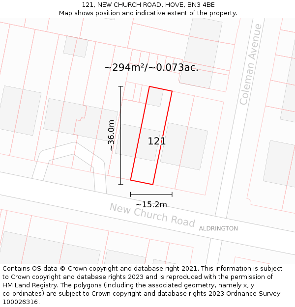121, NEW CHURCH ROAD, HOVE, BN3 4BE: Plot and title map