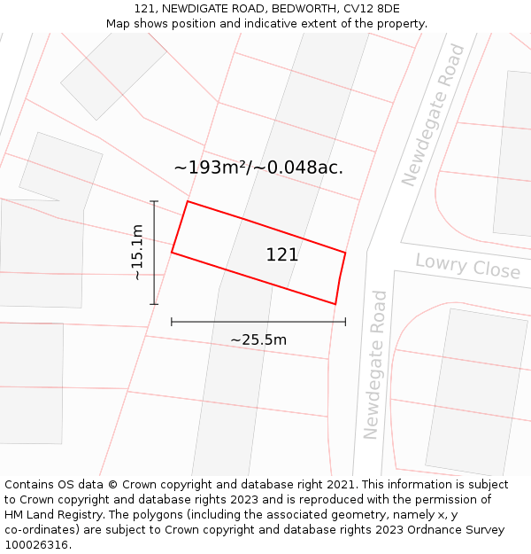 121, NEWDIGATE ROAD, BEDWORTH, CV12 8DE: Plot and title map