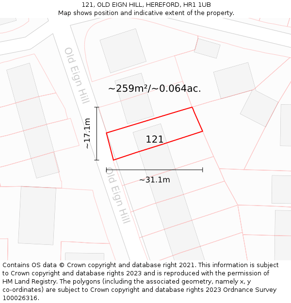121, OLD EIGN HILL, HEREFORD, HR1 1UB: Plot and title map