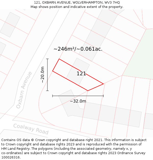 121, OXBARN AVENUE, WOLVERHAMPTON, WV3 7HQ: Plot and title map