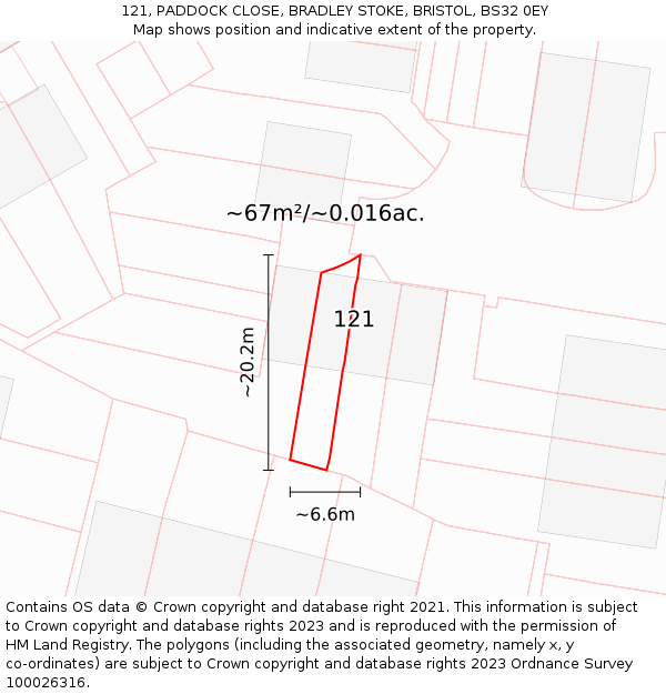 121, PADDOCK CLOSE, BRADLEY STOKE, BRISTOL, BS32 0EY: Plot and title map