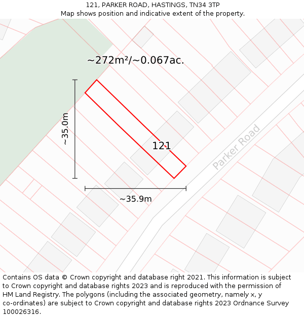 121, PARKER ROAD, HASTINGS, TN34 3TP: Plot and title map
