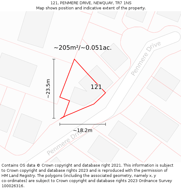 121, PENMERE DRIVE, NEWQUAY, TR7 1NS: Plot and title map