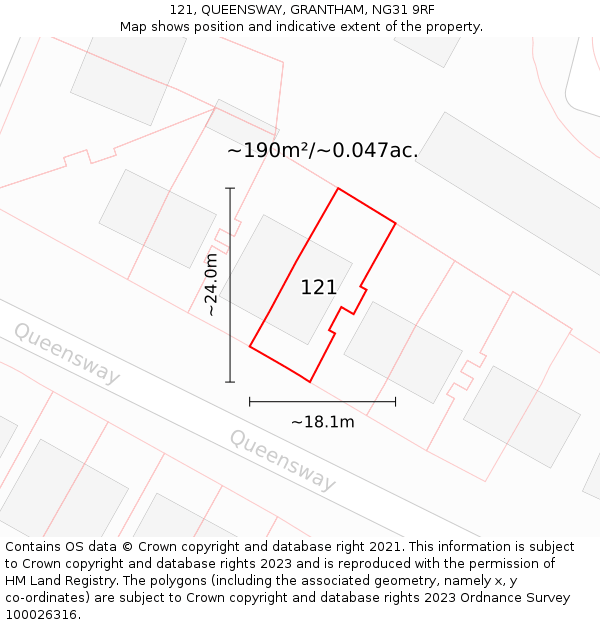 121, QUEENSWAY, GRANTHAM, NG31 9RF: Plot and title map