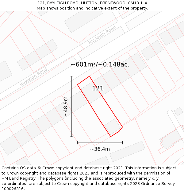 121, RAYLEIGH ROAD, HUTTON, BRENTWOOD, CM13 1LX: Plot and title map