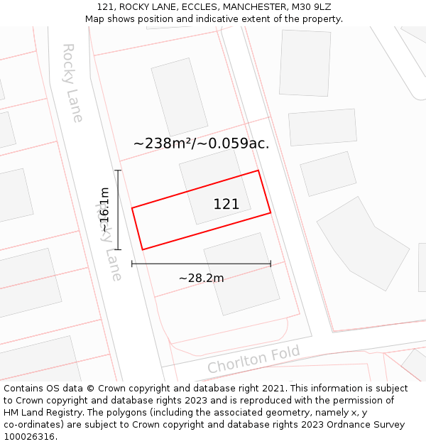 121, ROCKY LANE, ECCLES, MANCHESTER, M30 9LZ: Plot and title map