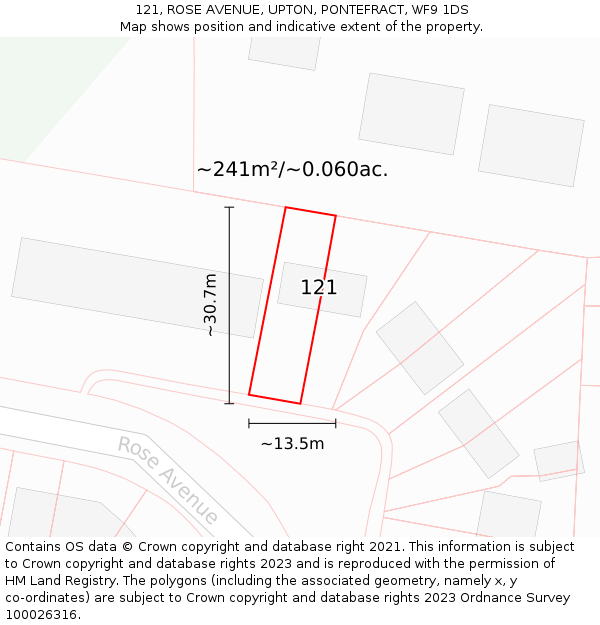 121, ROSE AVENUE, UPTON, PONTEFRACT, WF9 1DS: Plot and title map
