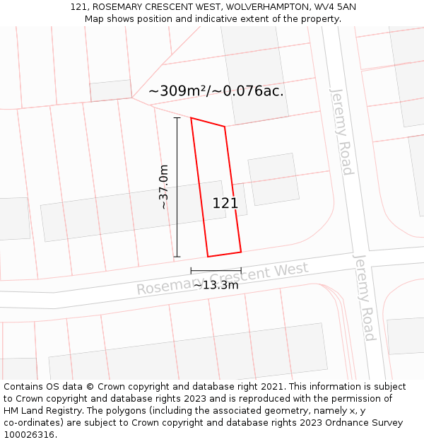 121, ROSEMARY CRESCENT WEST, WOLVERHAMPTON, WV4 5AN: Plot and title map