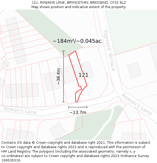 121, ROWANS LANE, BRYNCETHIN, BRIDGEND, CF32 9LZ: Plot and title map