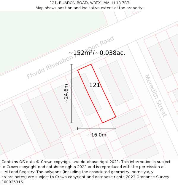 121, RUABON ROAD, WREXHAM, LL13 7RB: Plot and title map
